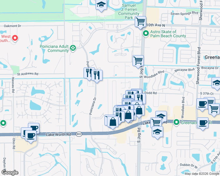 map of restaurants, bars, coffee shops, grocery stores, and more near 3712 Suncrest Road in Lake Worth