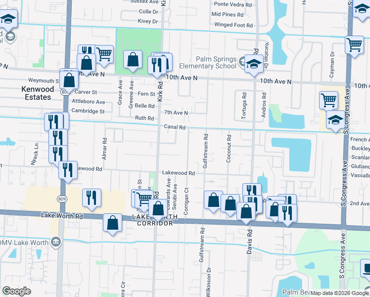 map of restaurants, bars, coffee shops, grocery stores, and more near 3621 Corrigan Court in Lake Worth