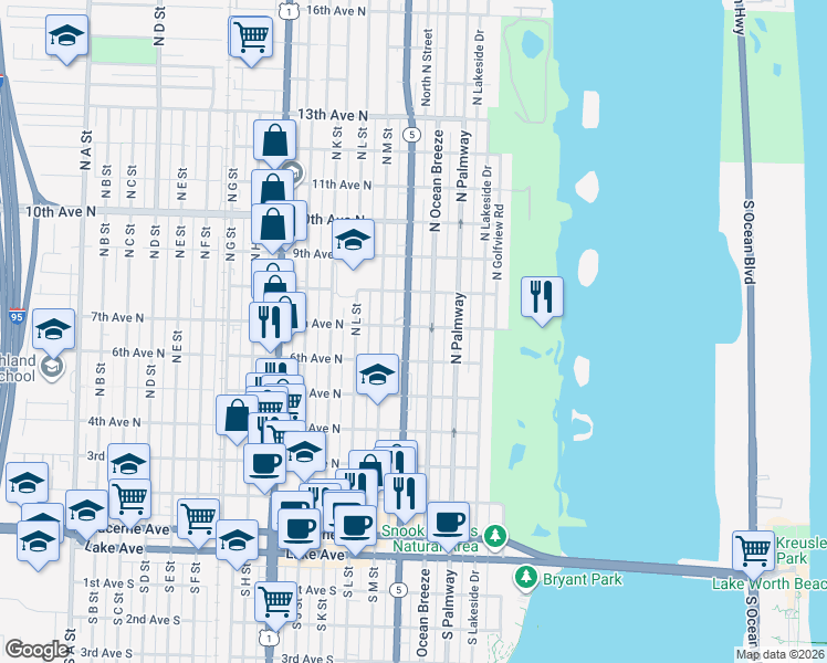 map of restaurants, bars, coffee shops, grocery stores, and more near 624 North Federal Highway in Lake Worth
