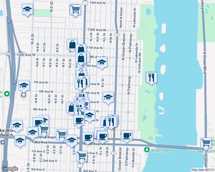 map of restaurants, bars, coffee shops, grocery stores, and more near 625 North M Street in Lake Worth