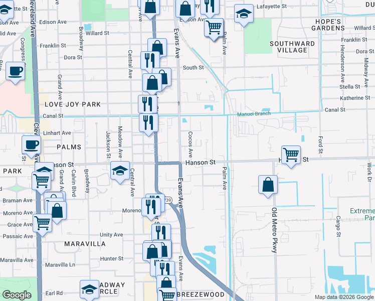 map of restaurants, bars, coffee shops, grocery stores, and more near 2630 Maple Avenue in Fort Myers
