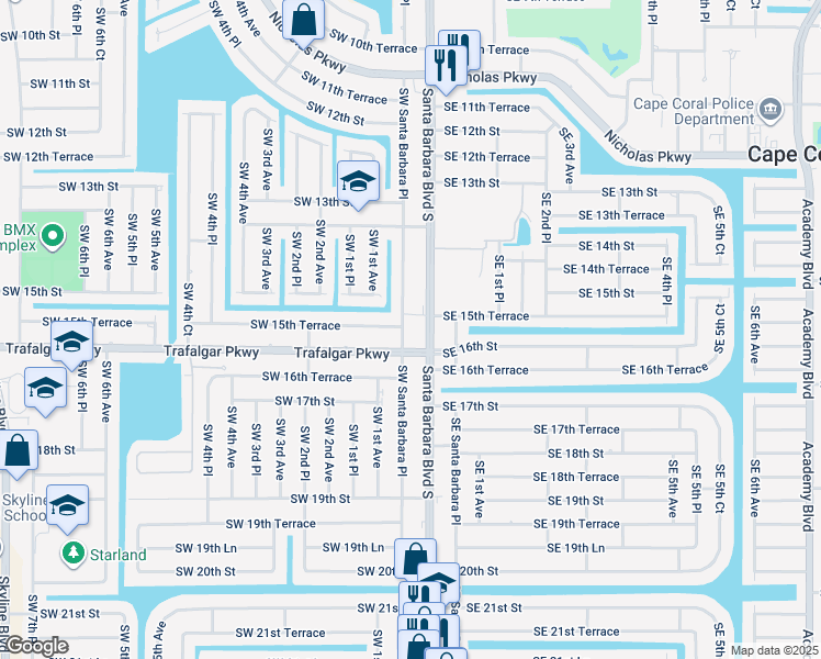 map of restaurants, bars, coffee shops, grocery stores, and more near 1525 Southwest Santa Barbara Place in Cape Coral