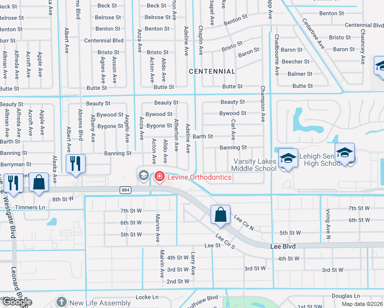 map of restaurants, bars, coffee shops, grocery stores, and more near 820 Adeline Avenue in Lehigh Acres