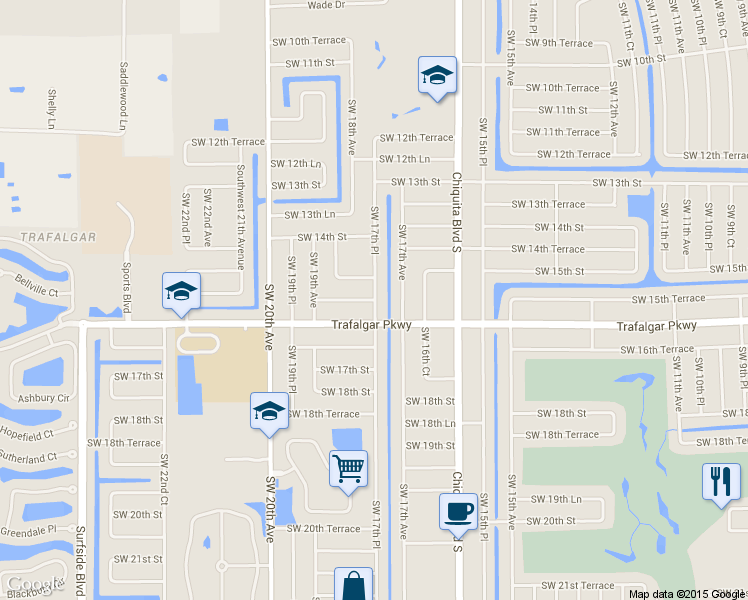 map of restaurants, bars, coffee shops, grocery stores, and more near 1724 Southwest 15th Ter in Cape Coral