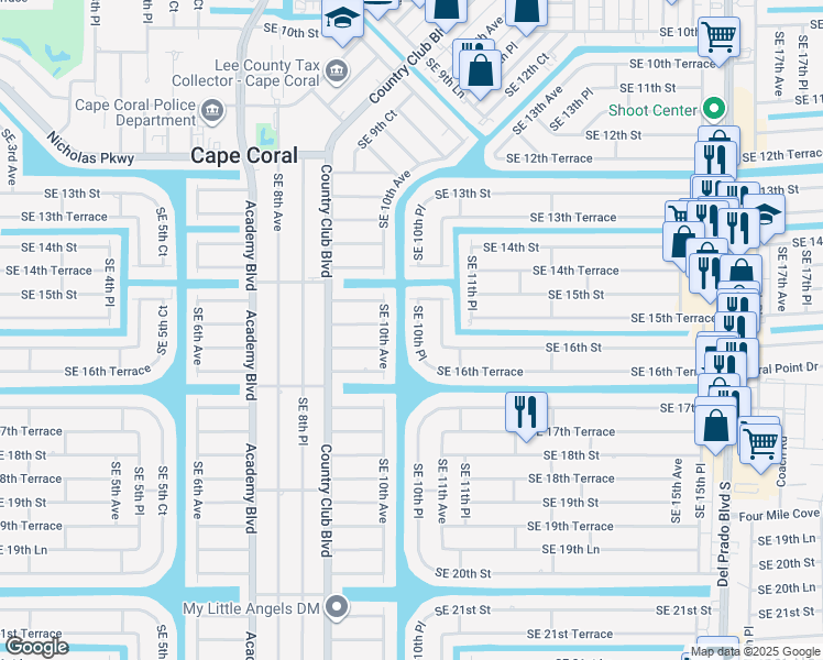 map of restaurants, bars, coffee shops, grocery stores, and more near 1518 Southeast 10th Place in Cape Coral