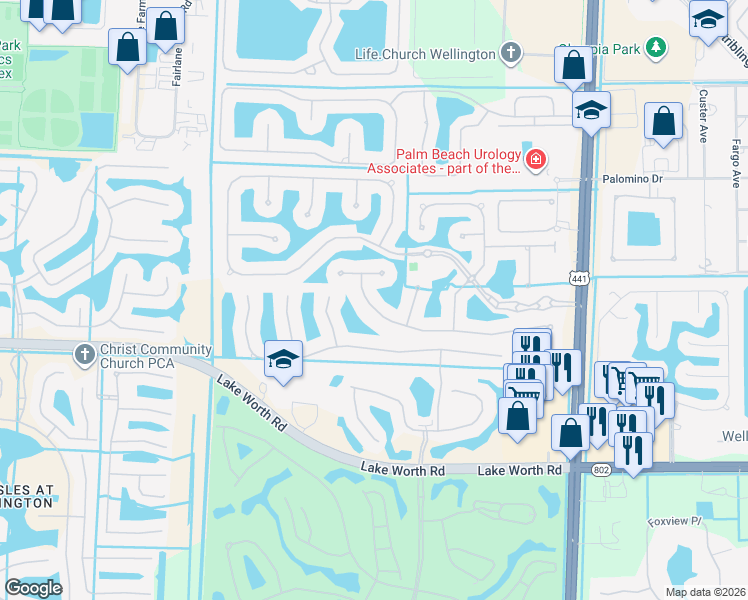 map of restaurants, bars, coffee shops, grocery stores, and more near 10460 Trianon Place in Wellington