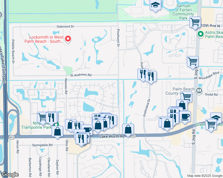 map of restaurants, bars, coffee shops, grocery stores, and more near 217 Down East Lane in Lake Worth