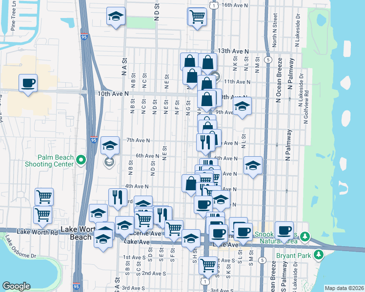 map of restaurants, bars, coffee shops, grocery stores, and more near 1109 7th Avenue North in Lake Worth