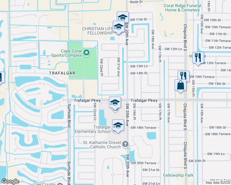 map of restaurants, bars, coffee shops, grocery stores, and more near 2104 Southwest 15th Terrace in Cape Coral