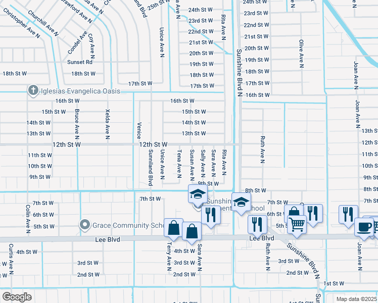 map of restaurants, bars, coffee shops, grocery stores, and more near 1007 Susan Avenue North in Lehigh Acres