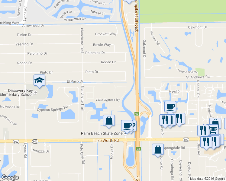 map of restaurants, bars, coffee shops, grocery stores, and more near 3747 Spring Crest Court in Lake Worth