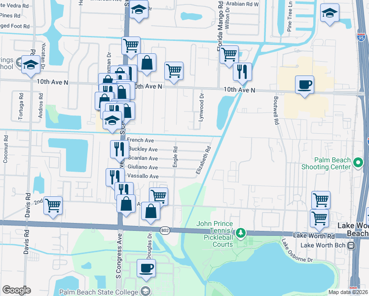 map of restaurants, bars, coffee shops, grocery stores, and more near 2922 Buckley Avenue in Lake Worth
