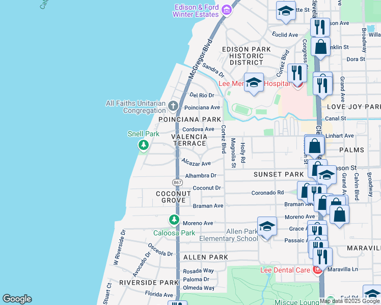 map of restaurants, bars, coffee shops, grocery stores, and more near 1444 Barcelona Avenue in Fort Myers