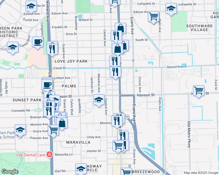 map of restaurants, bars, coffee shops, grocery stores, and more near 2950 Royal Palm Avenue in Fort Myers
