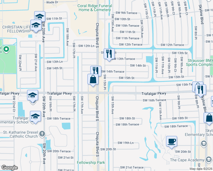map of restaurants, bars, coffee shops, grocery stores, and more near 1526 Southwest 15th Place in Cape Coral