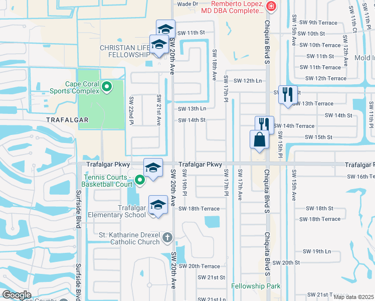 map of restaurants, bars, coffee shops, grocery stores, and more near 1519 Southwest 19th Place in Cape Coral
