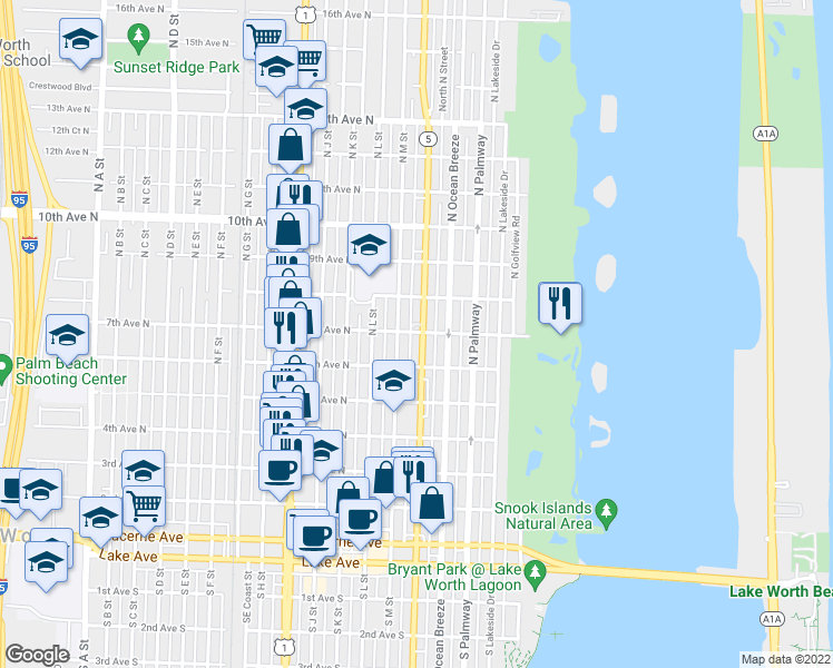 map of restaurants, bars, coffee shops, grocery stores, and more near 624 North Federal Highway in Lake Worth