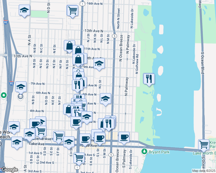 map of restaurants, bars, coffee shops, grocery stores, and more near 623 North M Street in Lake Worth Beach