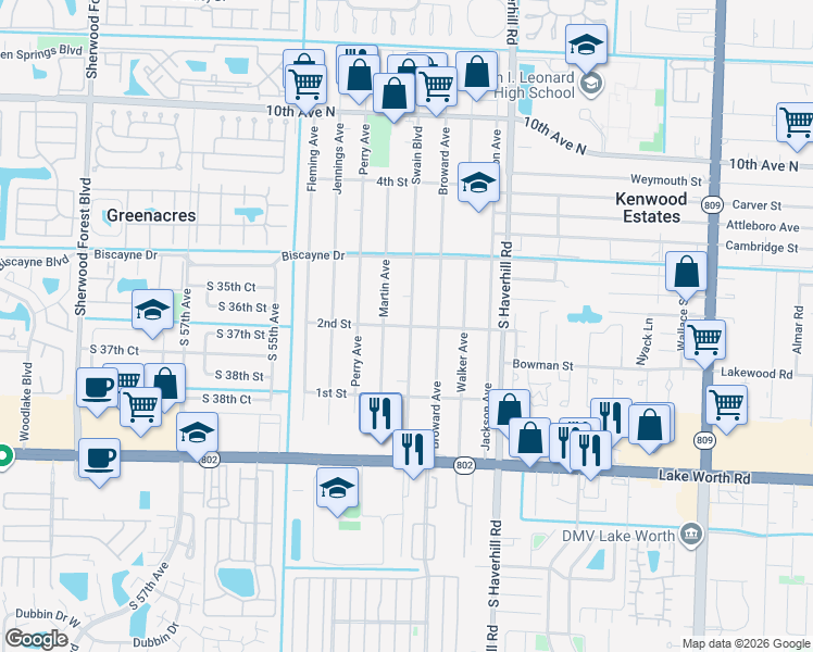 map of restaurants, bars, coffee shops, grocery stores, and more near in Greenacres