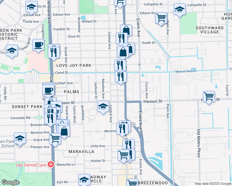 map of restaurants, bars, coffee shops, grocery stores, and more near 2951 Central Avenue in Fort Myers
