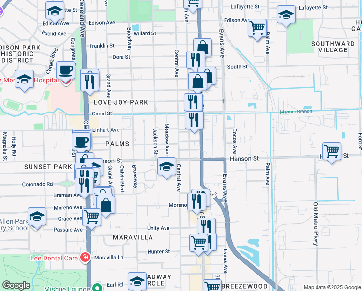 map of restaurants, bars, coffee shops, grocery stores, and more near 2951 Central Avenue in Fort Myers