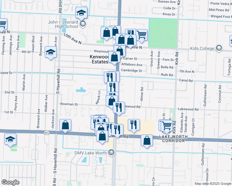 map of restaurants, bars, coffee shops, grocery stores, and more near 3639 South Military Trail in Lake Worth