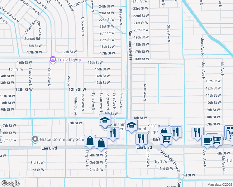 map of restaurants, bars, coffee shops, grocery stores, and more near 915 Sara Avenue North in Lehigh Acres