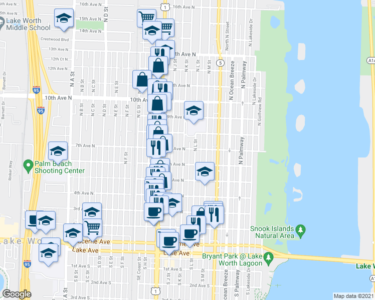 map of restaurants, bars, coffee shops, grocery stores, and more near 615 7th Avenue North in Lake Worth