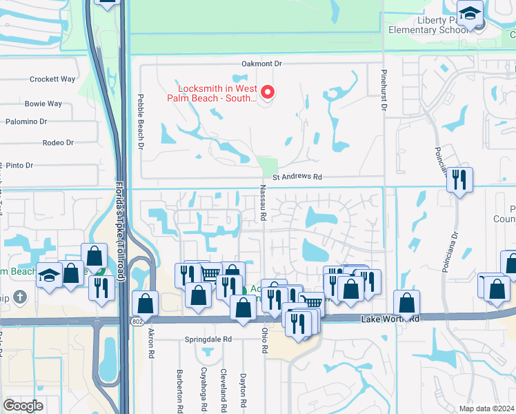 map of restaurants, bars, coffee shops, grocery stores, and more near 3646 English Road in Lake Worth