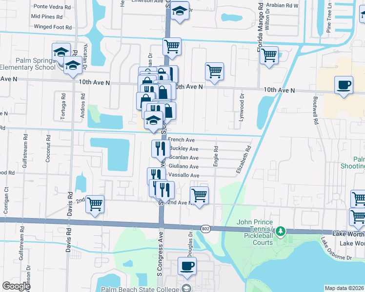 map of restaurants, bars, coffee shops, grocery stores, and more near 3213 Buckley Avenue in Lake Worth
