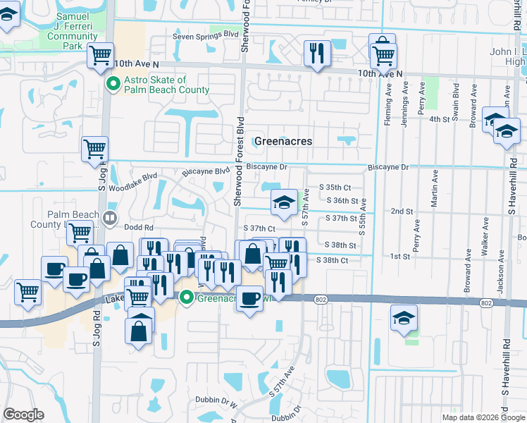 map of restaurants, bars, coffee shops, grocery stores, and more near 5828 South 37th Street in Greenacres
