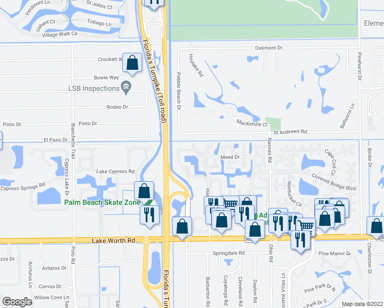map of restaurants, bars, coffee shops, grocery stores, and more near 118 Willow Spring Drive in Lake Worth