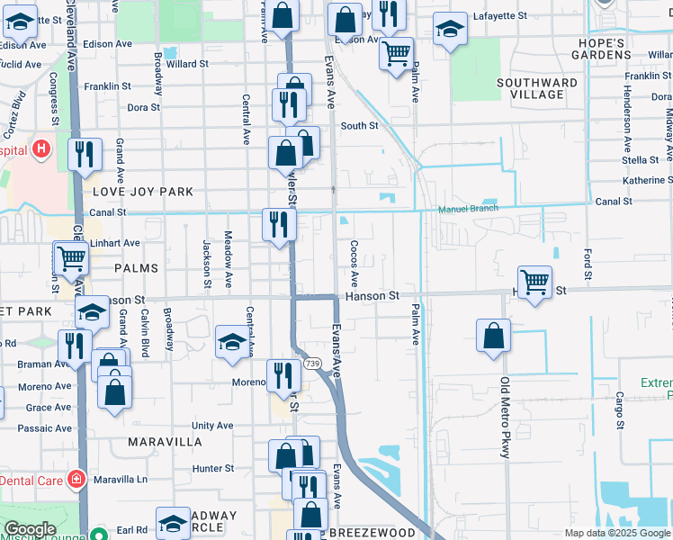 map of restaurants, bars, coffee shops, grocery stores, and more near 2630 Maple Avenue in Fort Myers