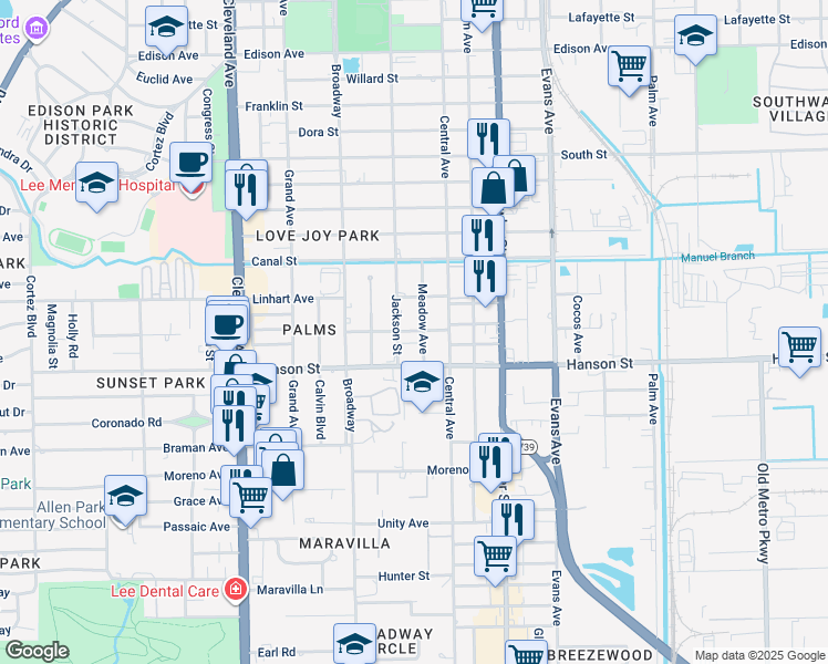 map of restaurants, bars, coffee shops, grocery stores, and more near 2330 Maple Avenue in Fort Myers