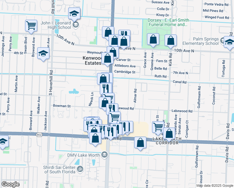 map of restaurants, bars, coffee shops, grocery stores, and more near 4372 Boatman Street in Greenacres