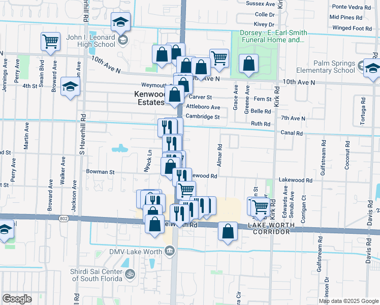 map of restaurants, bars, coffee shops, grocery stores, and more near 4372 Boatman Street in Greenacres