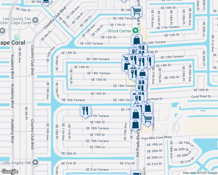 map of restaurants, bars, coffee shops, grocery stores, and more near 1425 Southeast 16th Street in Cape Coral