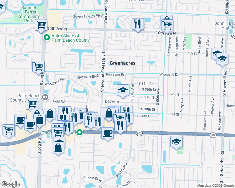 map of restaurants, bars, coffee shops, grocery stores, and more near 5828 South 37th Street in Greenacres
