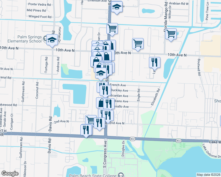 map of restaurants, bars, coffee shops, grocery stores, and more near 3213 Buckley Avenue in Lake Worth
