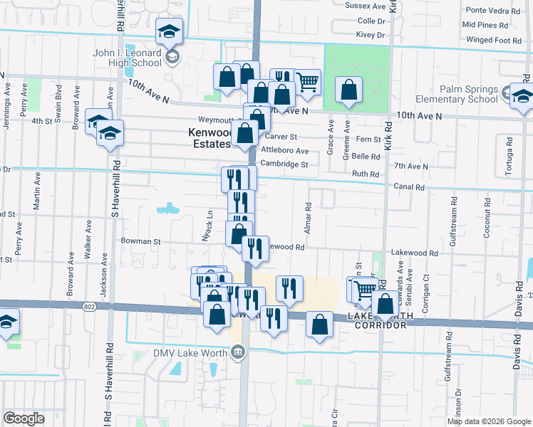 map of restaurants, bars, coffee shops, grocery stores, and more near 4405 Lakewood Road in Lake Worth