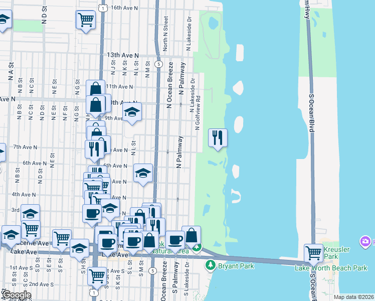 map of restaurants, bars, coffee shops, grocery stores, and more near 632 North Lakeside Drive in Lake Worth