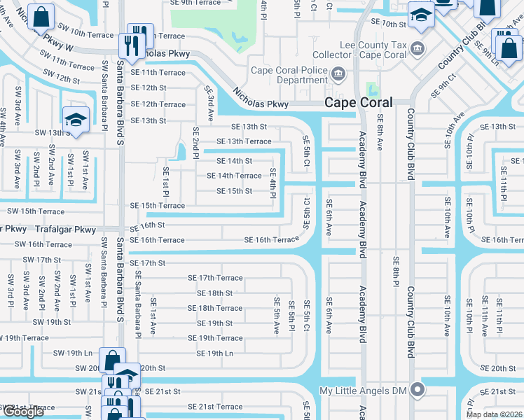 map of restaurants, bars, coffee shops, grocery stores, and more near 411 Southeast 16th Street in Cape Coral