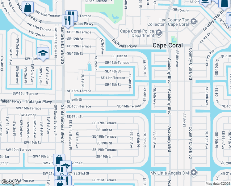 map of restaurants, bars, coffee shops, grocery stores, and more near 311 Southeast 16th Street in Cape Coral