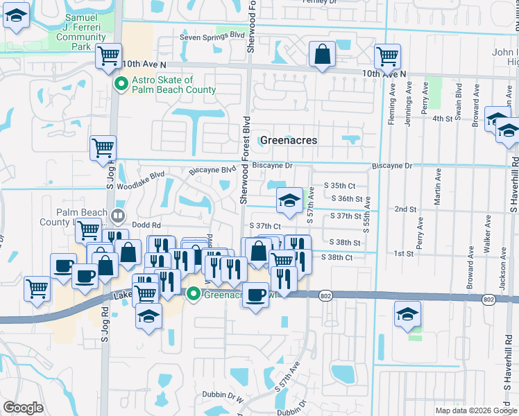 map of restaurants, bars, coffee shops, grocery stores, and more near 5884 South 37th Street in Greenacres