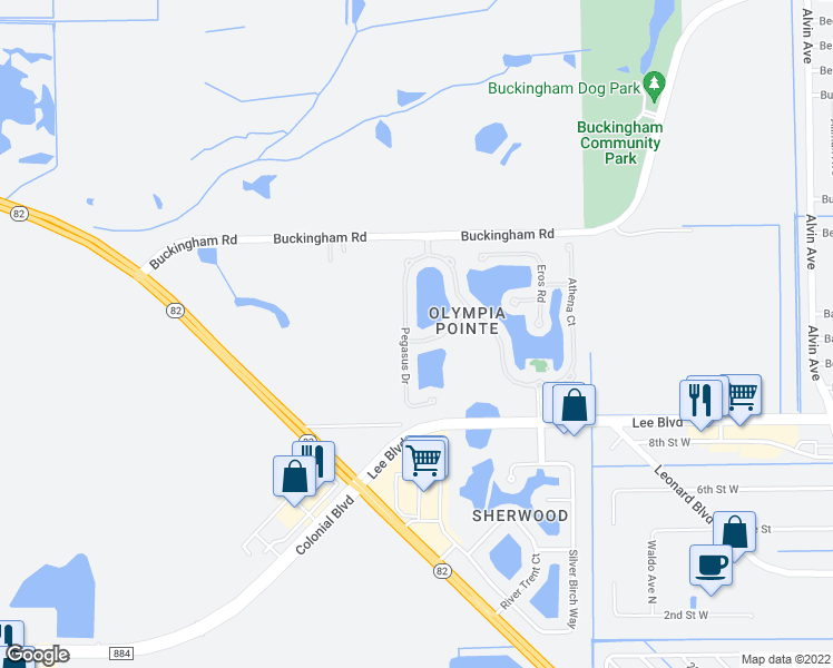 map of restaurants, bars, coffee shops, grocery stores, and more near 11503 Centaur Way in Lehigh Acres