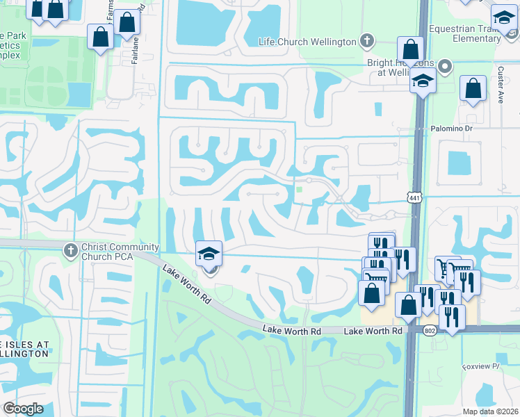 map of restaurants, bars, coffee shops, grocery stores, and more near 10468 Trianon Place in Wellington