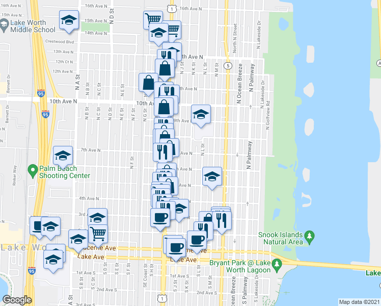 map of restaurants, bars, coffee shops, grocery stores, and more near 7th Avenue North & North K Street in Lake Worth