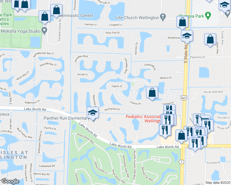 map of restaurants, bars, coffee shops, grocery stores, and more near 10468 Trianon Place in Wellington