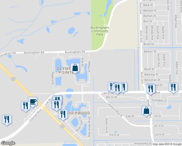 map of restaurants, bars, coffee shops, grocery stores, and more near 8599 Athena Court in Lehigh Acres