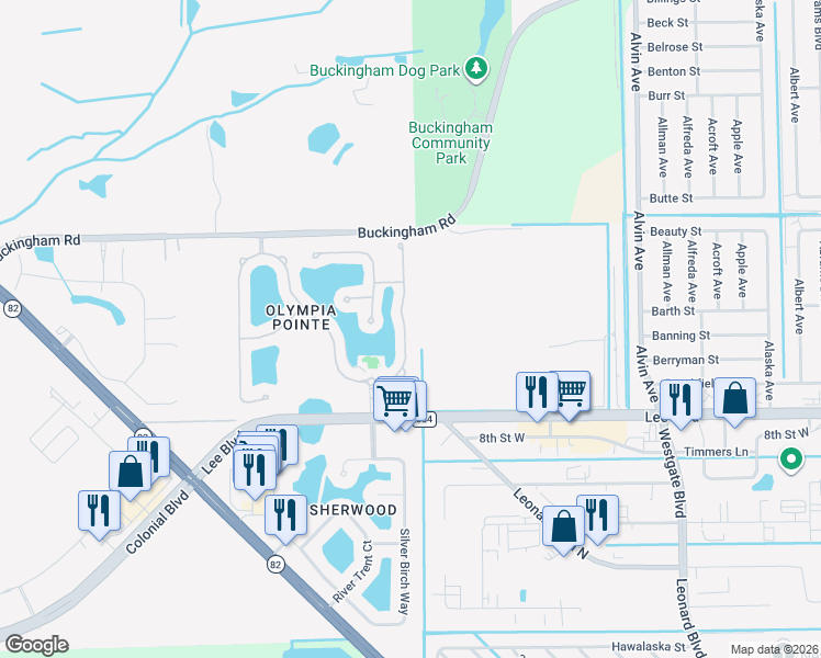 map of restaurants, bars, coffee shops, grocery stores, and more near 8581 Athena Court in Lehigh Acres